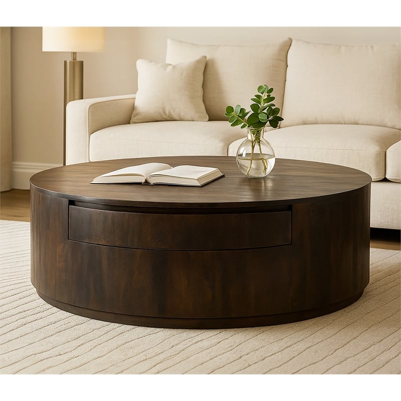Pemberly Row 2-Drawer Solid Mango Wood Round Cocktail Table in Barista Brown