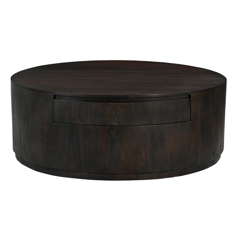 Pemberly Row 2-Drawer Solid Mango Wood Round Cocktail Table in Barista Brown