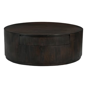 Pemberly Row 2-Drawer Solid Mango Wood Round Cocktail Table in Barista Brown