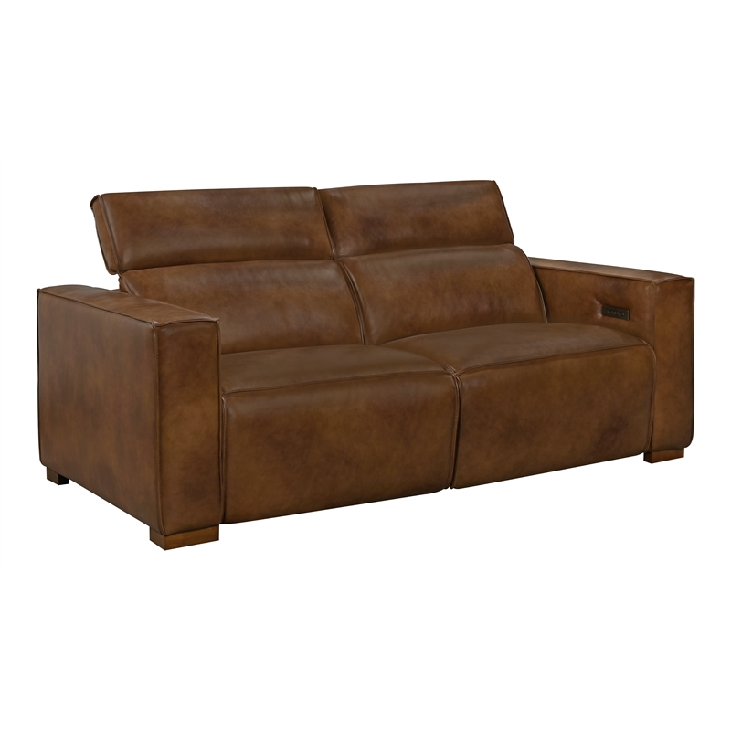 Pemberly Row Contemporary Full-Leather Power Reclining Sofa in Tan