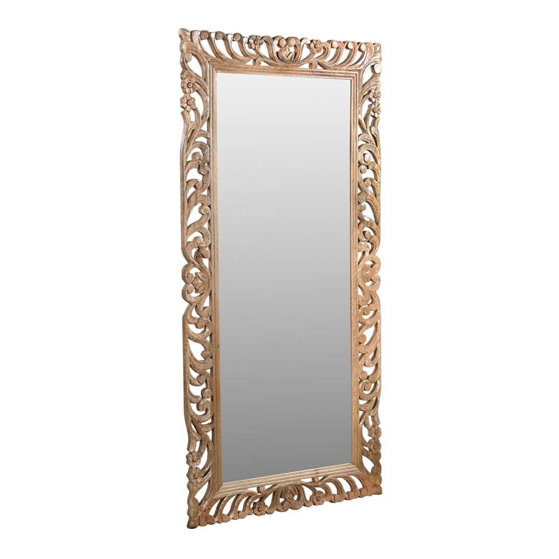 Pemberly Row Hand-Carved Solid Mango Wood Mirror in Natural Finish