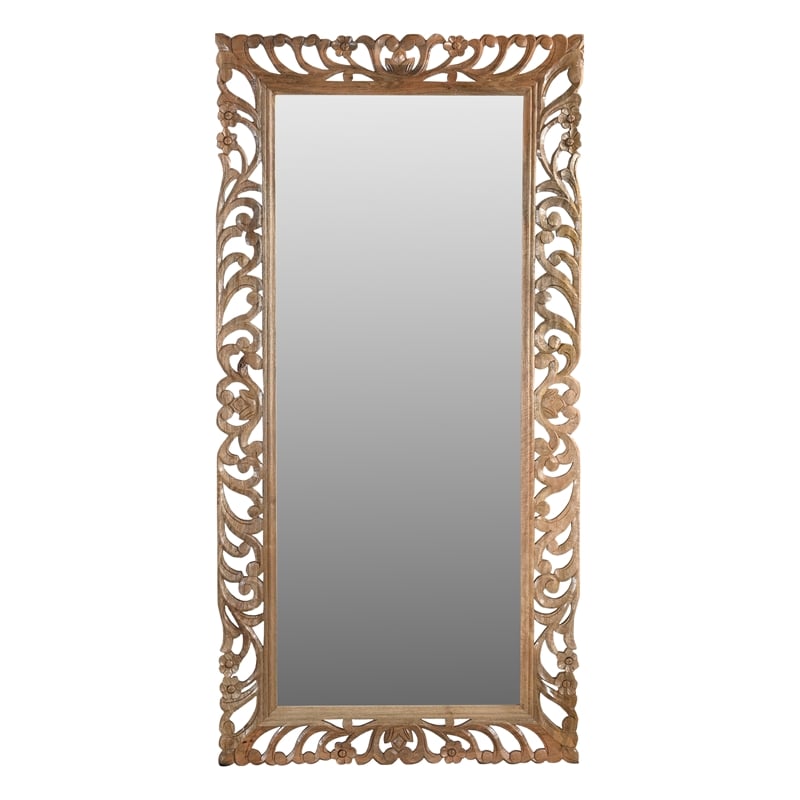 Pemberly Row Hand-Carved Solid Mango Wood Mirror in Natural Finish