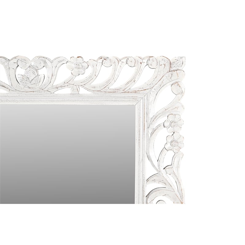 Pemberly Row Hand-Carved Solid Mango Wood Mirror in Distressed White