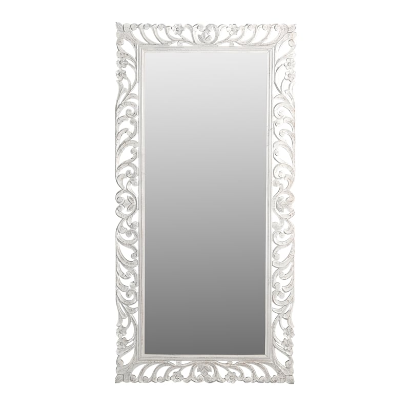 Pemberly Row Hand-Carved Solid Mango Wood Mirror in Distressed White