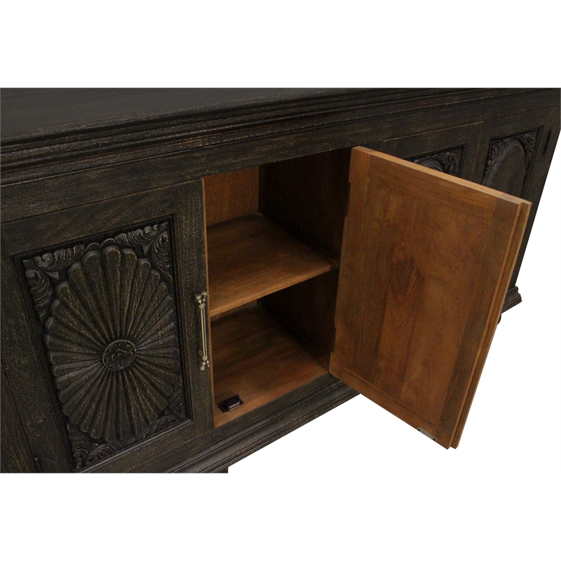 Pemberly Row 6-Door Hand-Carved Solid Wood Sideboard in Antique Black