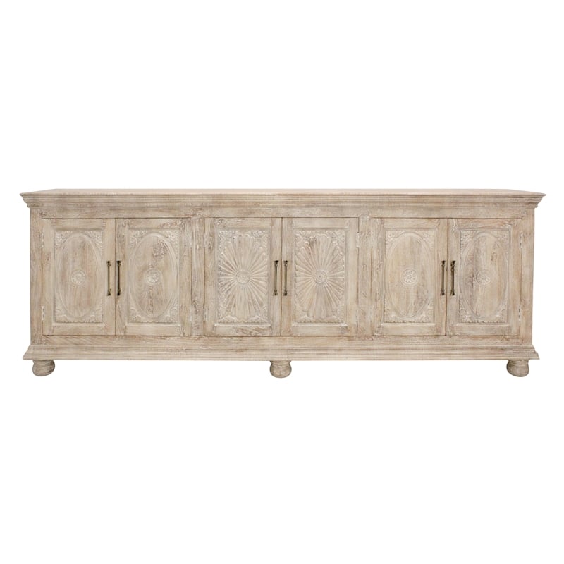 Pemberly Row 6-Door Hand-Carved Solid Wood Sideboard in Distressed White
