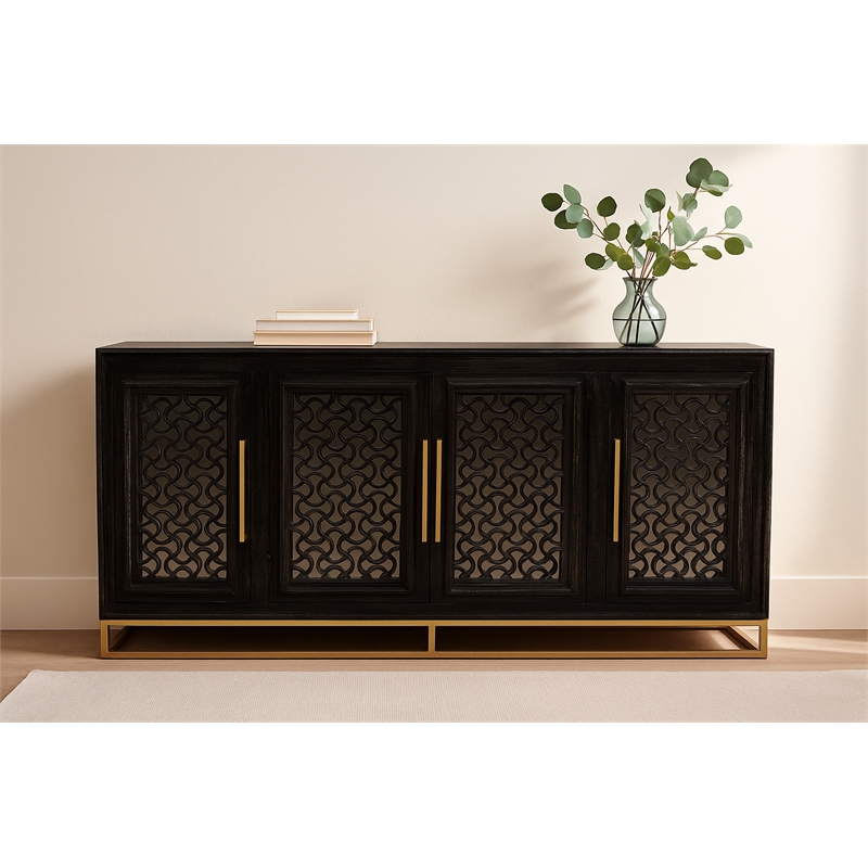 Pemberly Row 4-Door Hand-Carved Solid Wood Sideboard in Antique Black