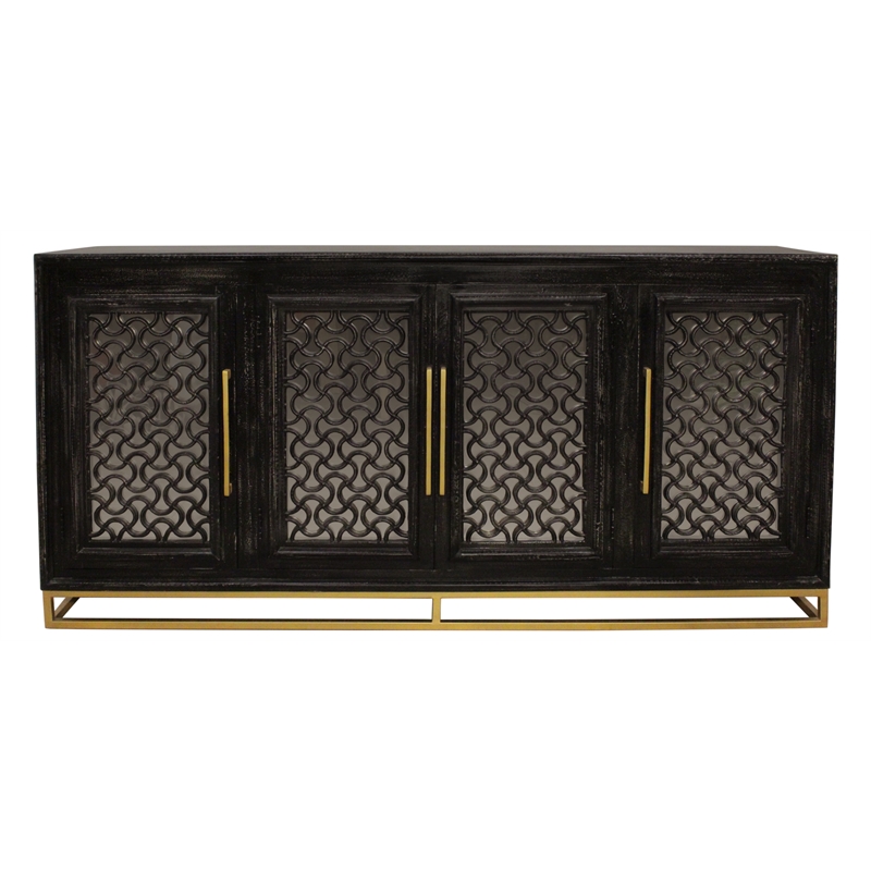 Pemberly Row 4-Door Hand-Carved Solid Wood Sideboard in Antique Black