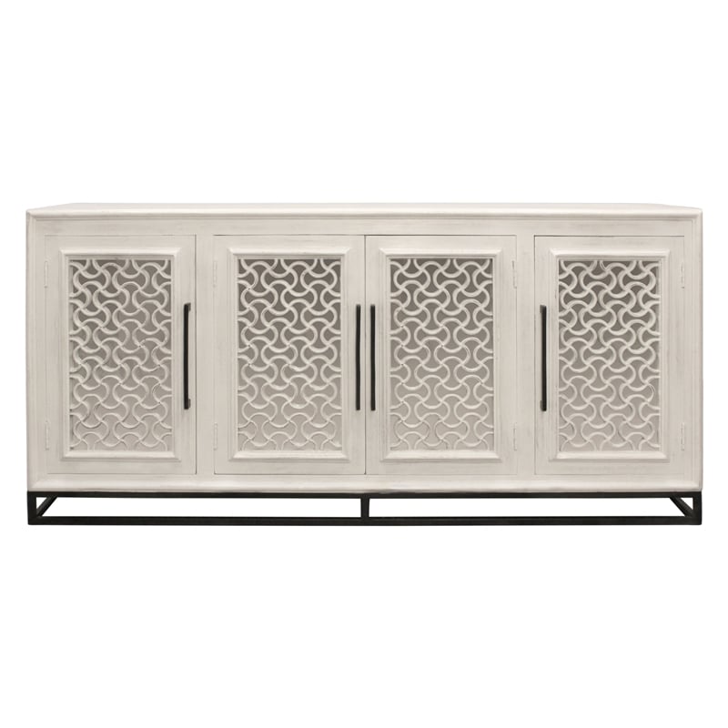 Pemberly Row 4-Door Hand-Carved Solid Wood Sideboard in Distressed White
