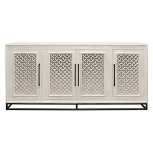 Pemberly Row 4-Door Hand-Carved Solid Wood Sideboard in Distressed White