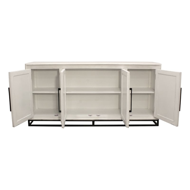 Pemberly Row 4-Door Hand-Carved Solid Wood Sideboard in Distressed White