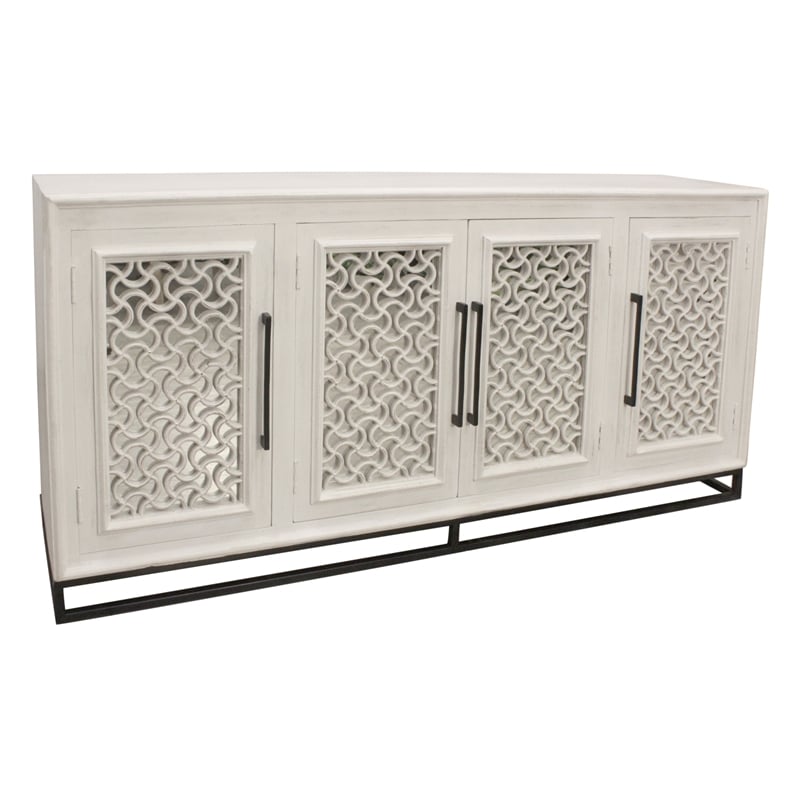 Pemberly Row 4-Door Hand-Carved Solid Wood Sideboard in Distressed White