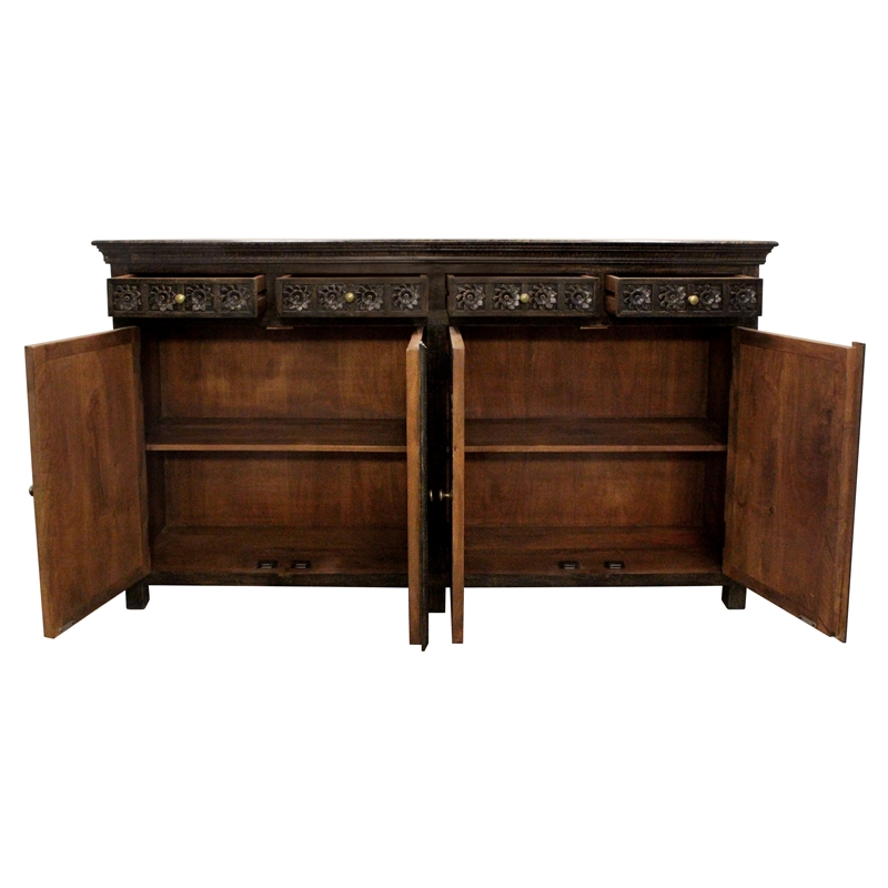 Pemberly Row 4-Door 4-Drawer Hand-Carved Sideboard in Antique Black
