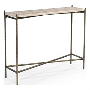 Pemberly Row 32&quot Console Table with Ivory Travertine Top on Iron Base