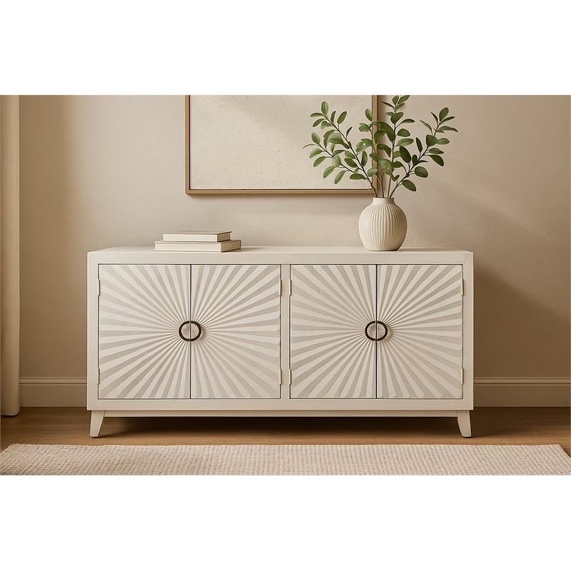Pemberly Row 4-Door Mid-Century Solid Mango Wood Sideboard in Ivory