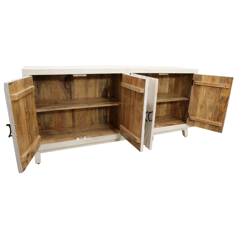 Pemberly Row 4-Door Mid-Century Solid Mango Wood Sideboard in Ivory