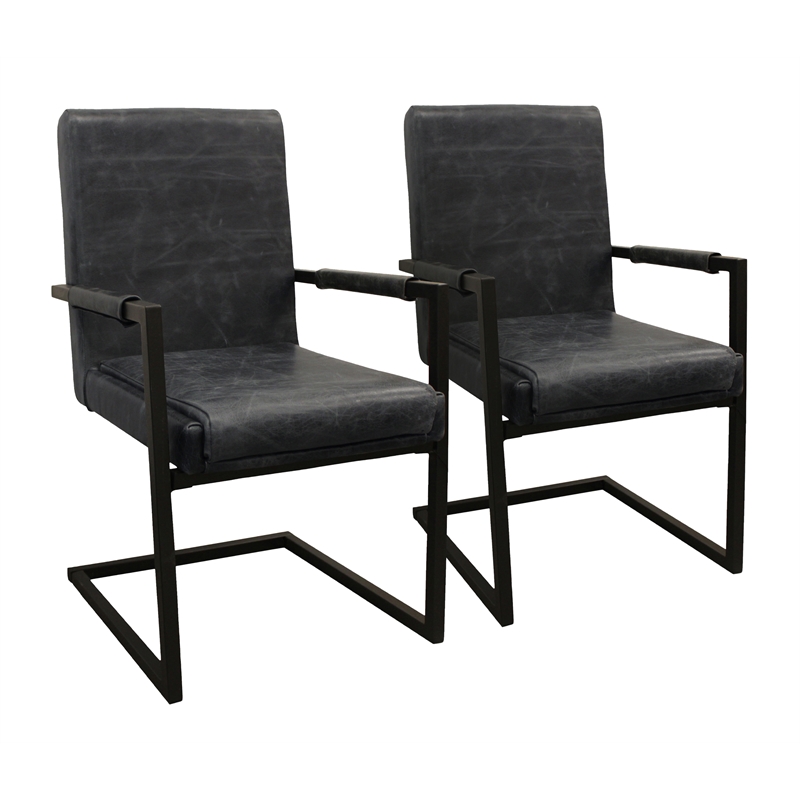 Pemberly Row 2-Piece Leather Arm Chair Set in Antique Black on Iron Base