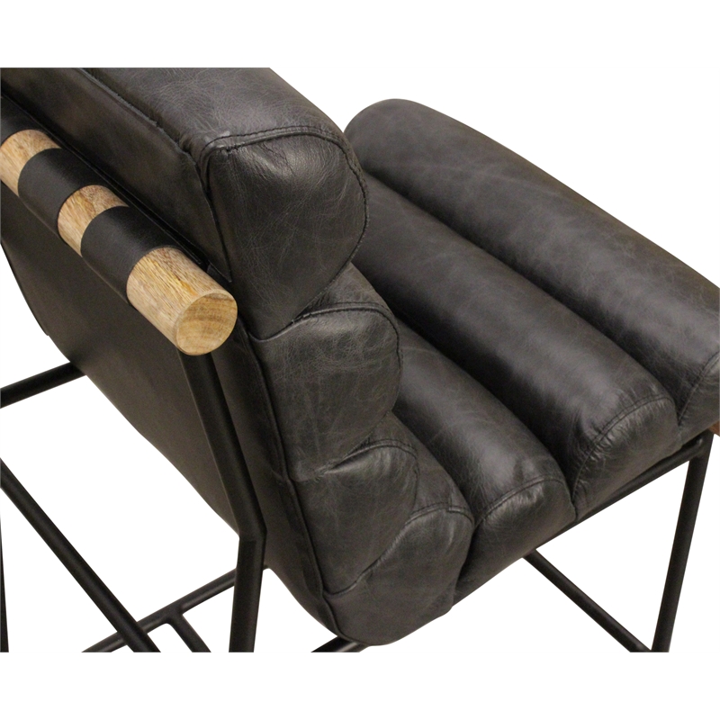 Pemberly Row Authentic Leather Bar Stool in Antique Black on Metal Frame