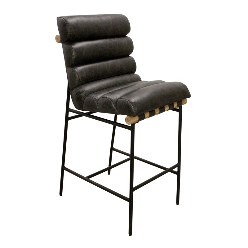 Pemberly Row Authentic Leather Bar Stool in Antique Black on Metal Frame