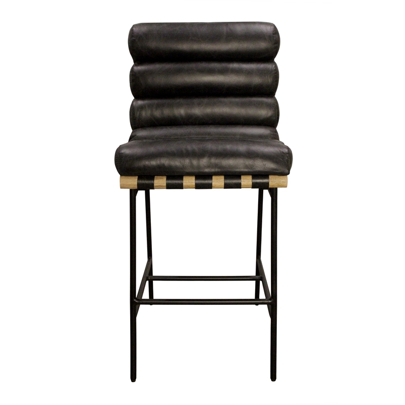 Pemberly Row Authentic Leather Bar Stool in Antique Black on Metal Frame