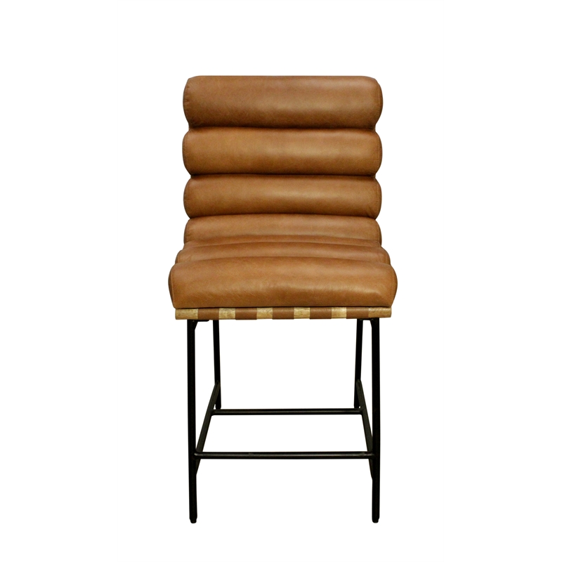 Pemberly Row Authentic Leather Counter Stool in Tan on Metal Frame