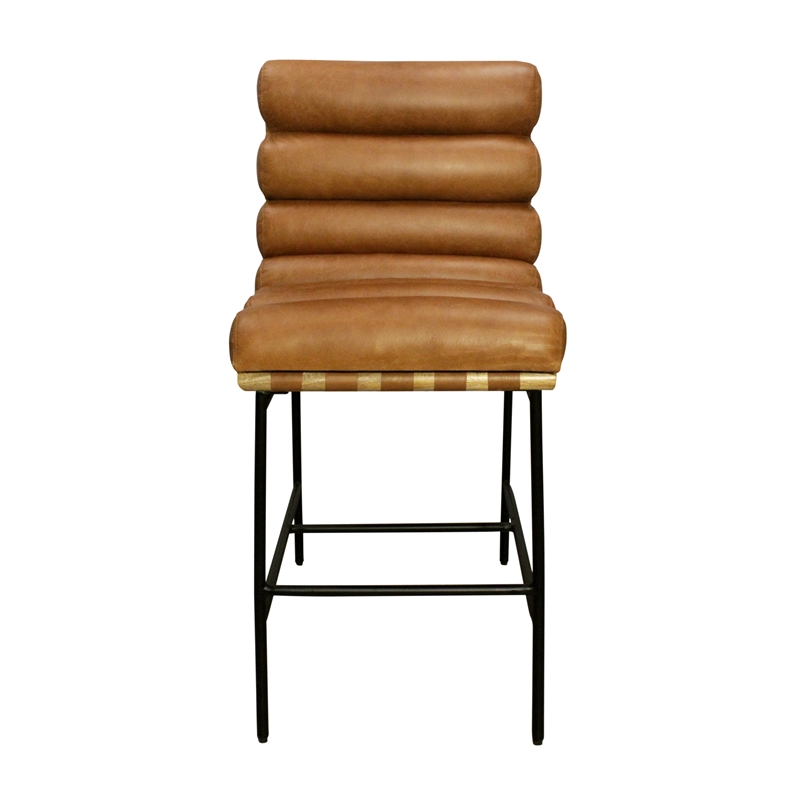 Pemberly Row Authentic Leather Bar Stool in Tan on Metal Frame