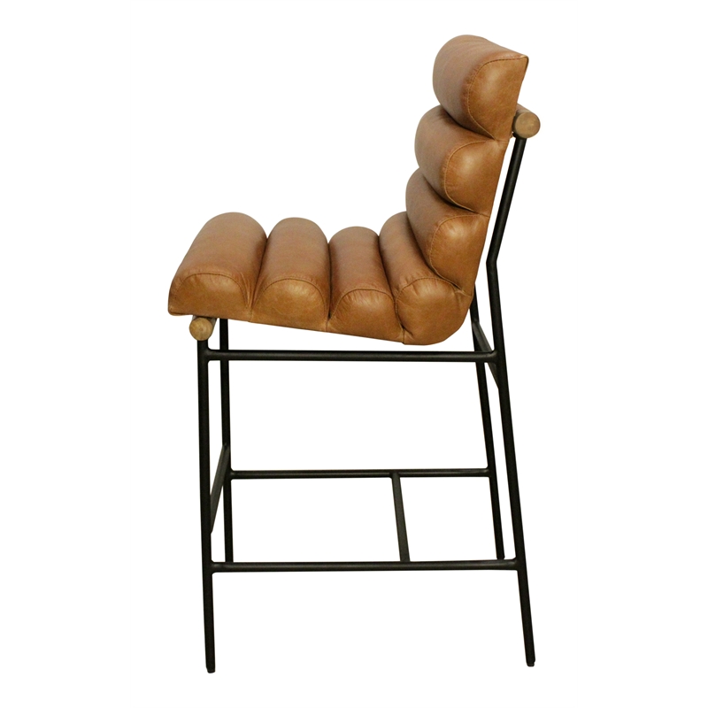 Pemberly Row Authentic Leather Bar Stool in Tan on Metal Frame