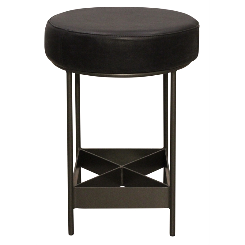 Pemberly Row Authentic Leather Counter Stool in Antique Black with Footrest