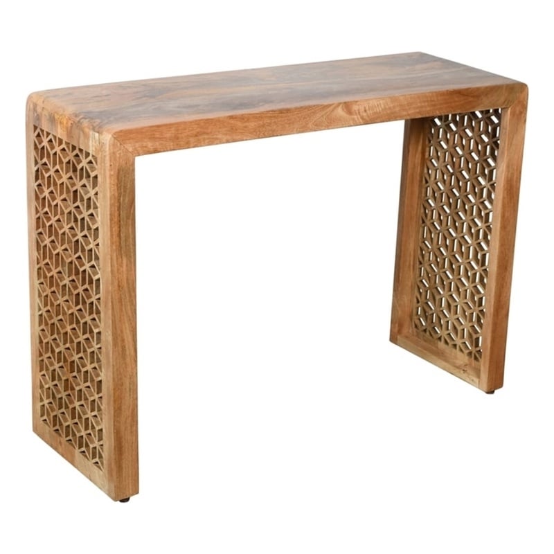 Pemberly Row Hand-Carved Solid Mango Wood Console Table in Natural Finish