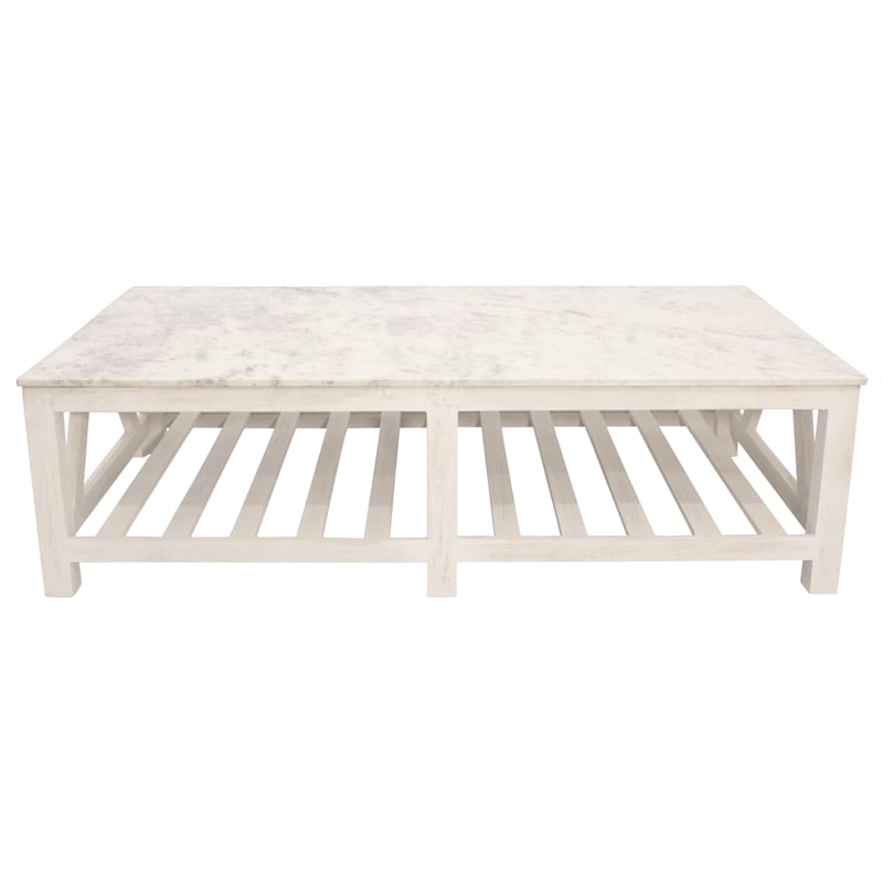 Pemberly Row White Marble Cocktail Table with Solid Wood Base in Sur Tone
