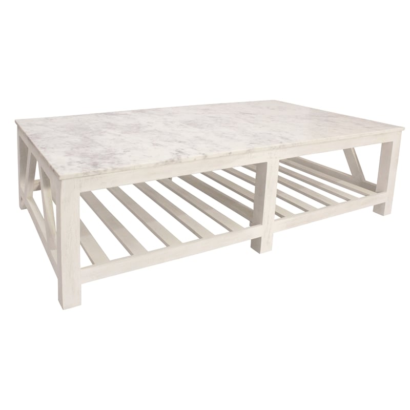 Pemberly Row White Marble Cocktail Table with Solid Wood Base in Sur Tone