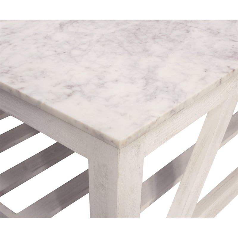 Pemberly Row White Marble Cocktail Table with Solid Wood Base in Sur Tone
