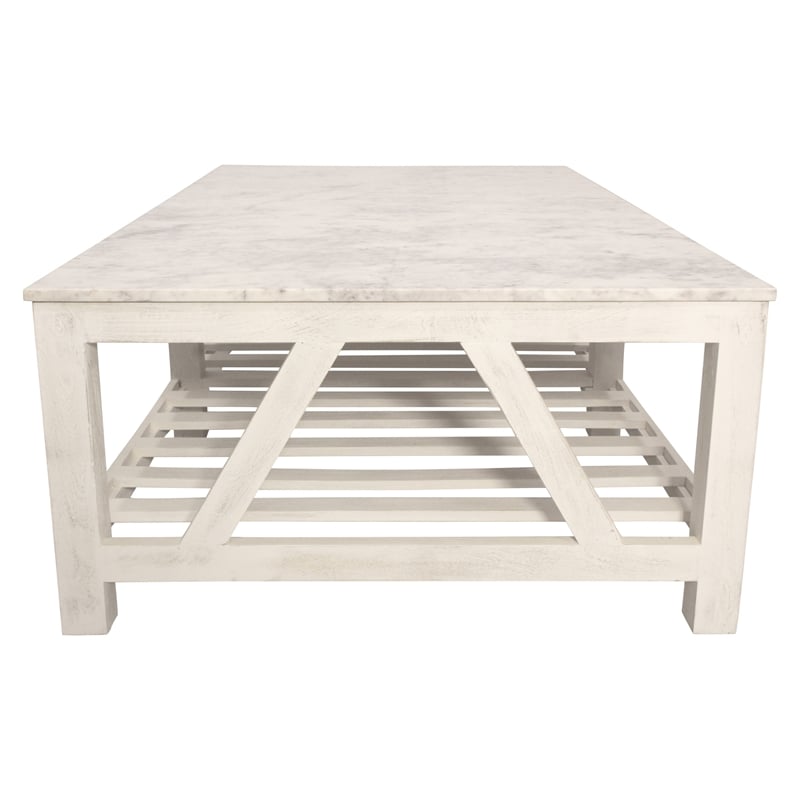 Pemberly Row White Marble Cocktail Table with Solid Wood Base in Sur Tone