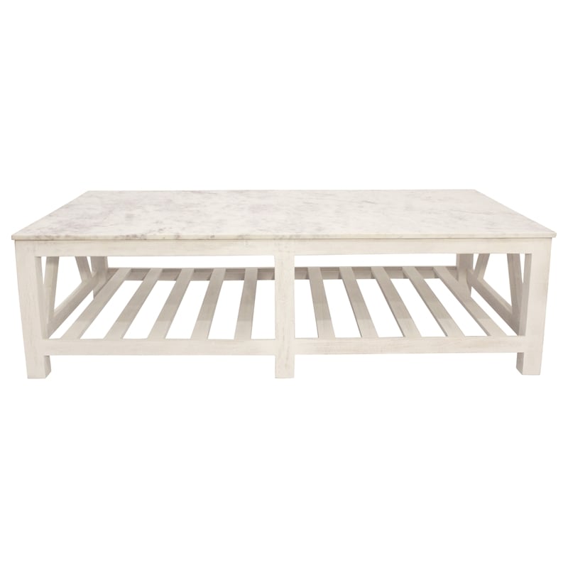 Pemberly Row White Marble Cocktail Table with Solid Wood Base in Sur Tone