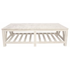 Pemberly Row White Marble Cocktail Table with Solid Wood Base in Sur Tone
