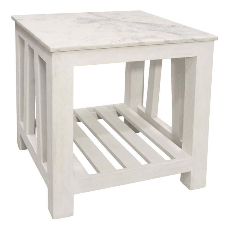 Pemberly Row White Marble End Table with Solid Wood Base in Sur Tone