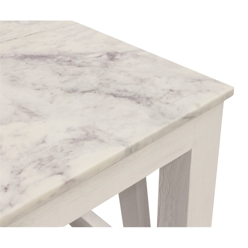 Pemberly Row White Marble End Table with Solid Wood Base in Sur Tone