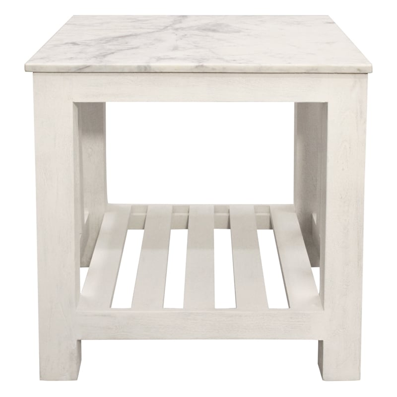 Pemberly Row White Marble End Table with Solid Wood Base in Sur Tone