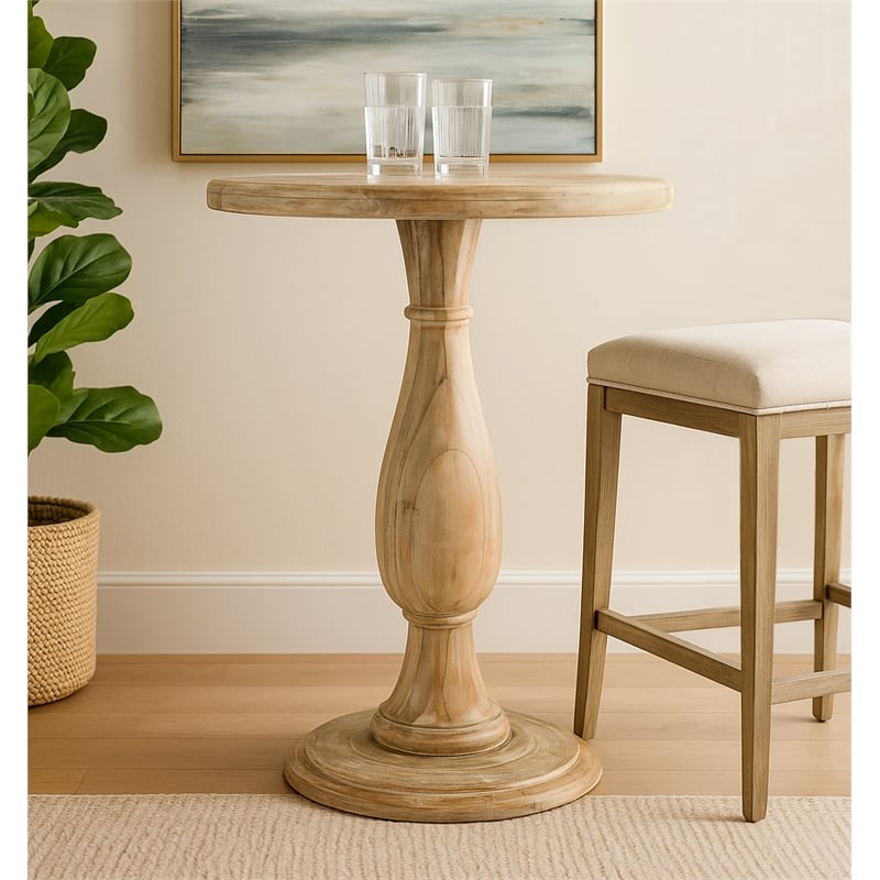 Pemberly Row Solid Mango Wood Pedestal Counter Table in Natural Finish
