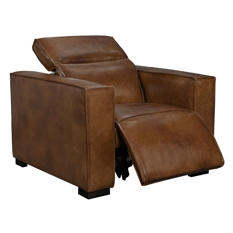 Pemberly Row Full-Leather Power Reclining Lounge Chair in Tan with Black Legs