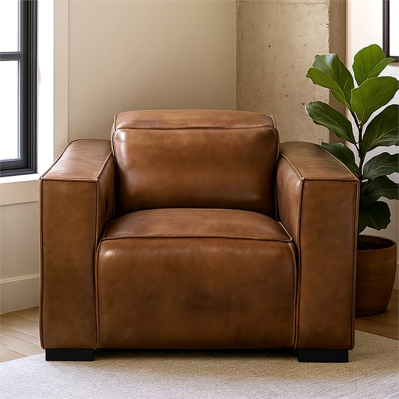 Pemberly Row Full-Leather Power Reclining Lounge Chair in Tan with Black Legs
