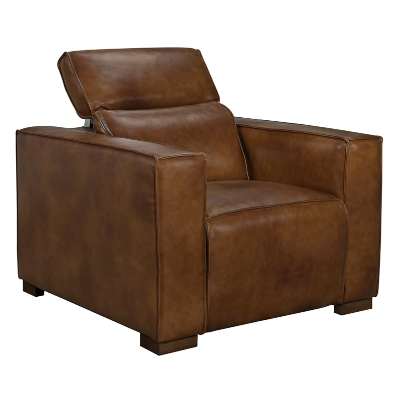 Pemberly Row Full-Leather Power Reclining Lounge Chair in Tan with Brown Legs