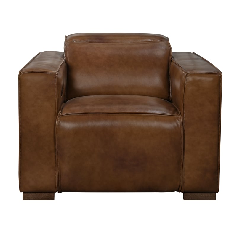 Pemberly Row Full-Leather Power Reclining Lounge Chair in Tan with Brown Legs