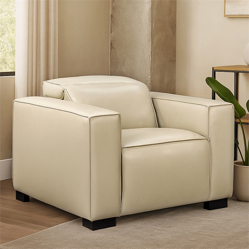 Pemberly Row Full-Leather Power Reclining Lounge Chair in Beige with Black Legs