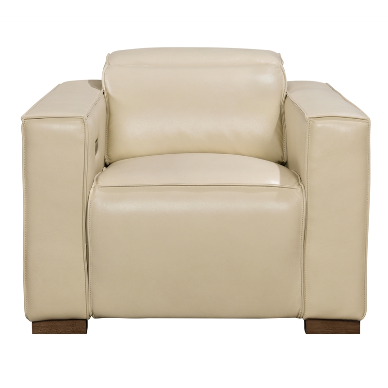 Pemberly Row Full-Leather Power Reclining Lounge Chair in Beige with Brown Legs