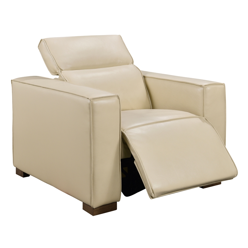 Pemberly Row Full-Leather Power Reclining Lounge Chair in Beige with Brown Legs