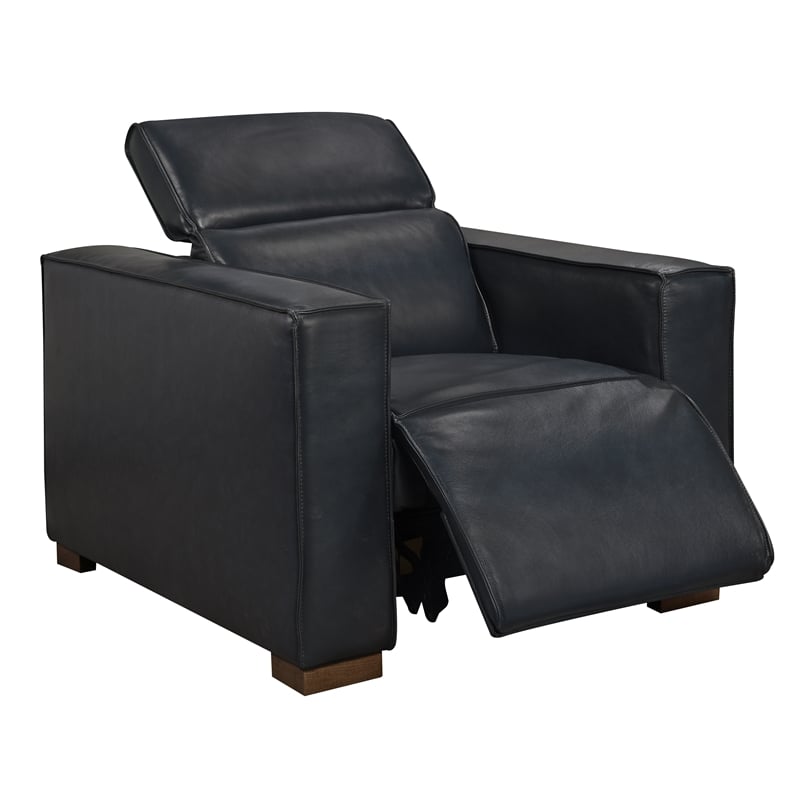 Pemberly Row Full-Leather Power Reclining Lounge Chair in Blue with Brown Legs