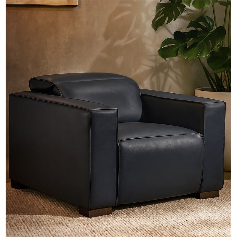 Pemberly Row Full-Leather Power Reclining Lounge Chair in Blue with Brown Legs