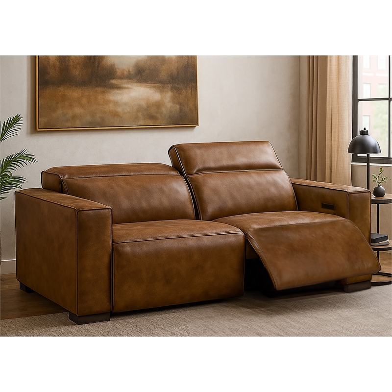 Pemberly Row Full-Leather Power Reclining Sofa in Tan with Brown Legs