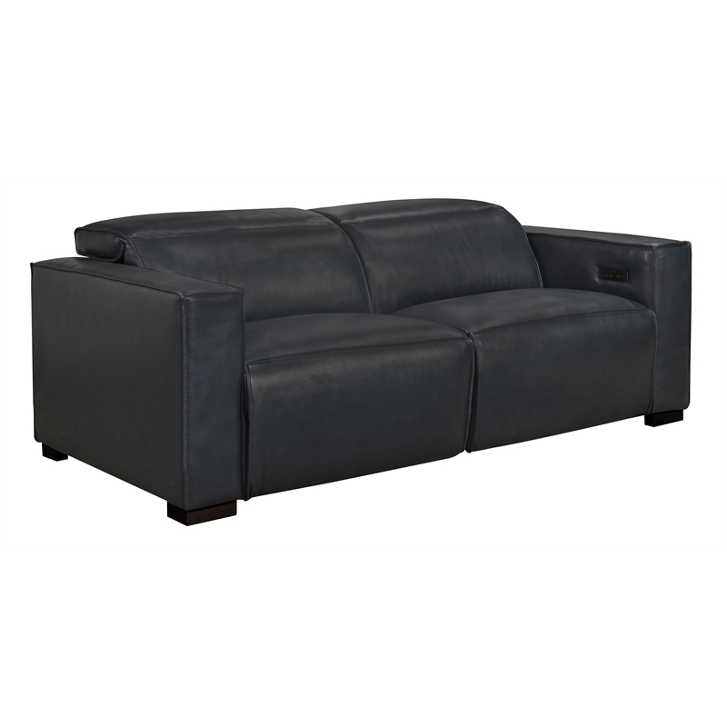 Pemberly Row Full-Leather Power Reclining Sofa in Blue with Black Legs